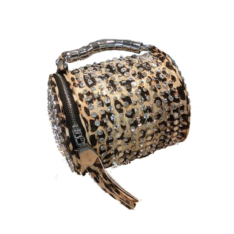 Fashion Women Leopard Print Diamond Rivet Rhinestone Luxury Single Crossbody Small Shoulder Bucket