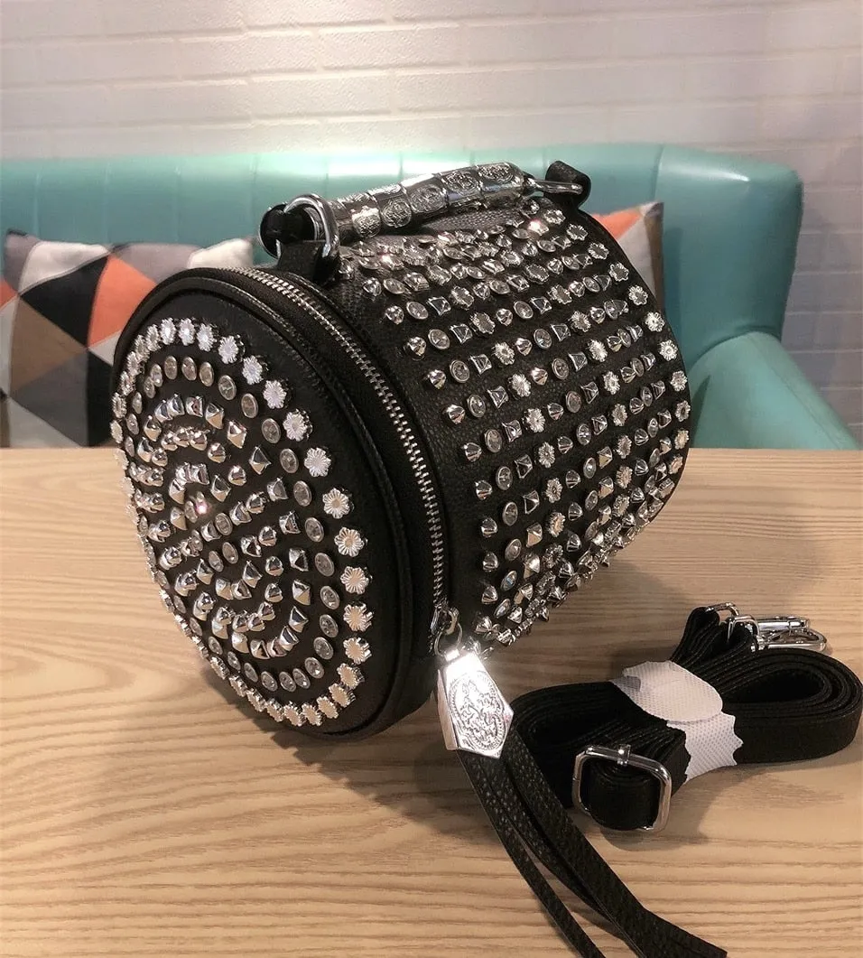 Fashion Women Leopard Print Diamond Rivet Rhinestone Luxury Single Crossbody Small Shoulder Bucket