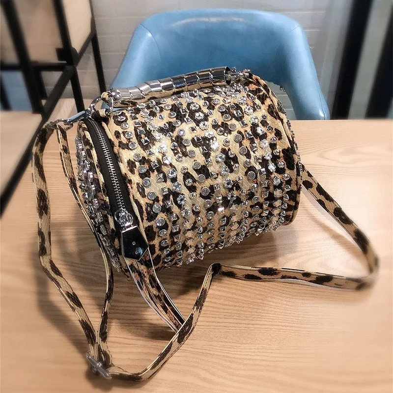 Fashion Women Leopard Print Diamond Rivet Rhinestone Luxury Single Crossbody Small Shoulder Bucket