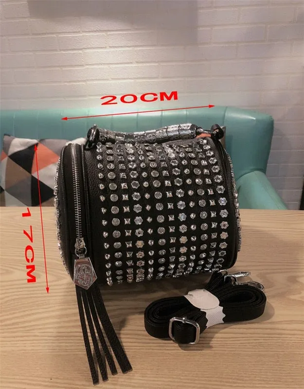 Fashion Women Leopard Print Diamond Rivet Rhinestone Luxury Single Crossbody Small Shoulder Bucket