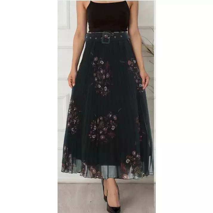 Floral Pleated Long Skirt