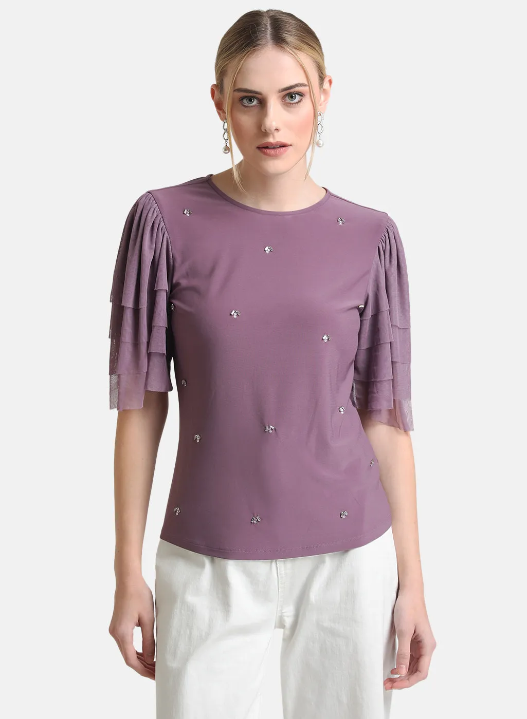 Kazo Purple Embellished Top With Ruffle Mesh Sleeves.