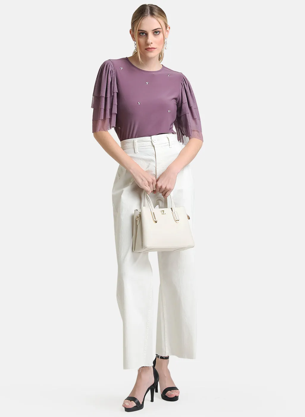 Kazo Purple Embellished Top With Ruffle Mesh Sleeves.