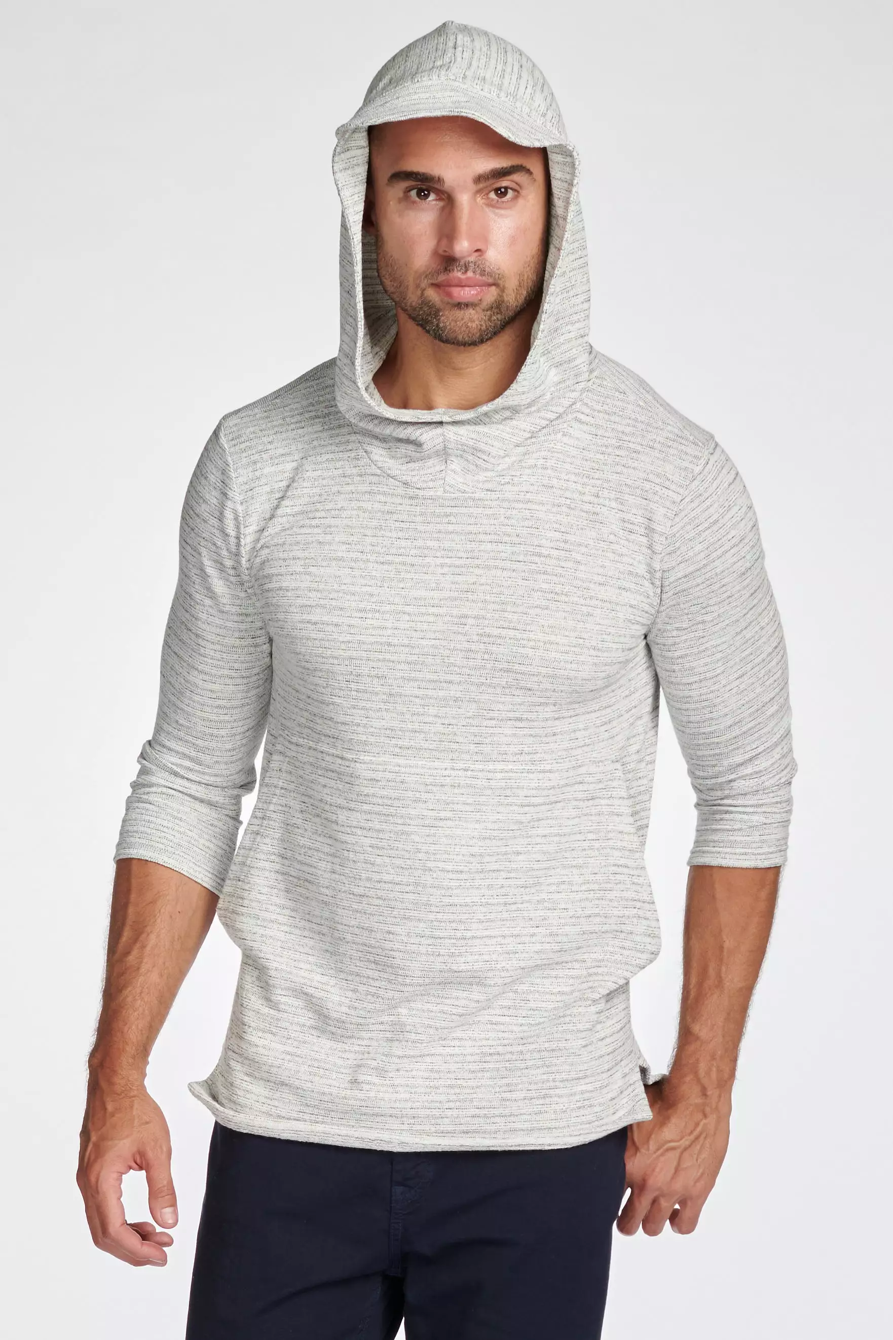 Men's Cambridge 3/4 Sleeve Cowl Neck Visor Hoodie Sweater - Light Grey Speck Stripe