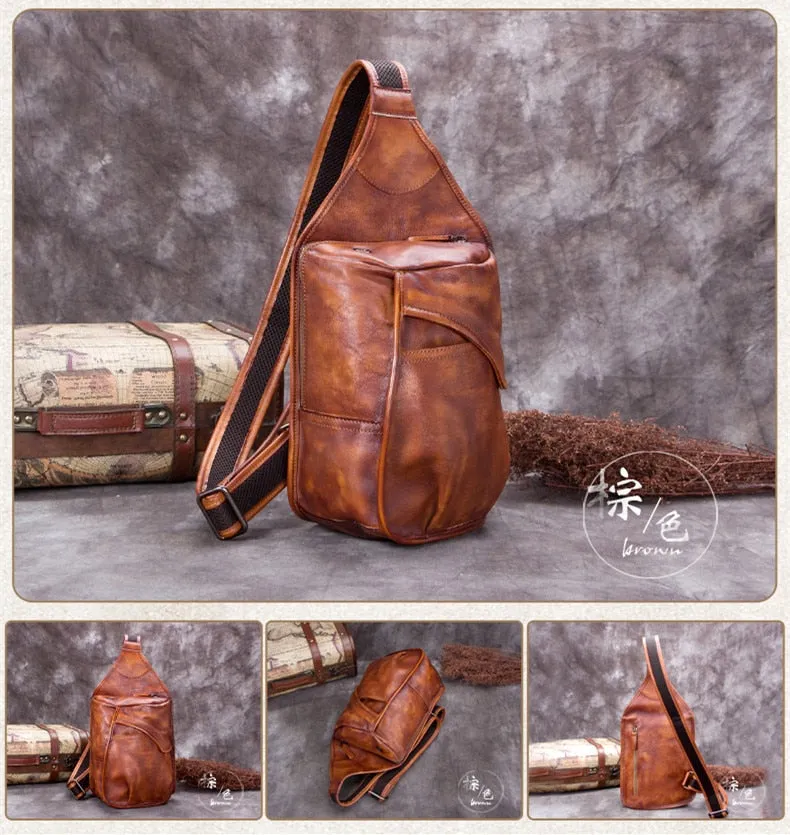 Men's Cowhide Leather Large Capacity Verticle Square Chest Bag