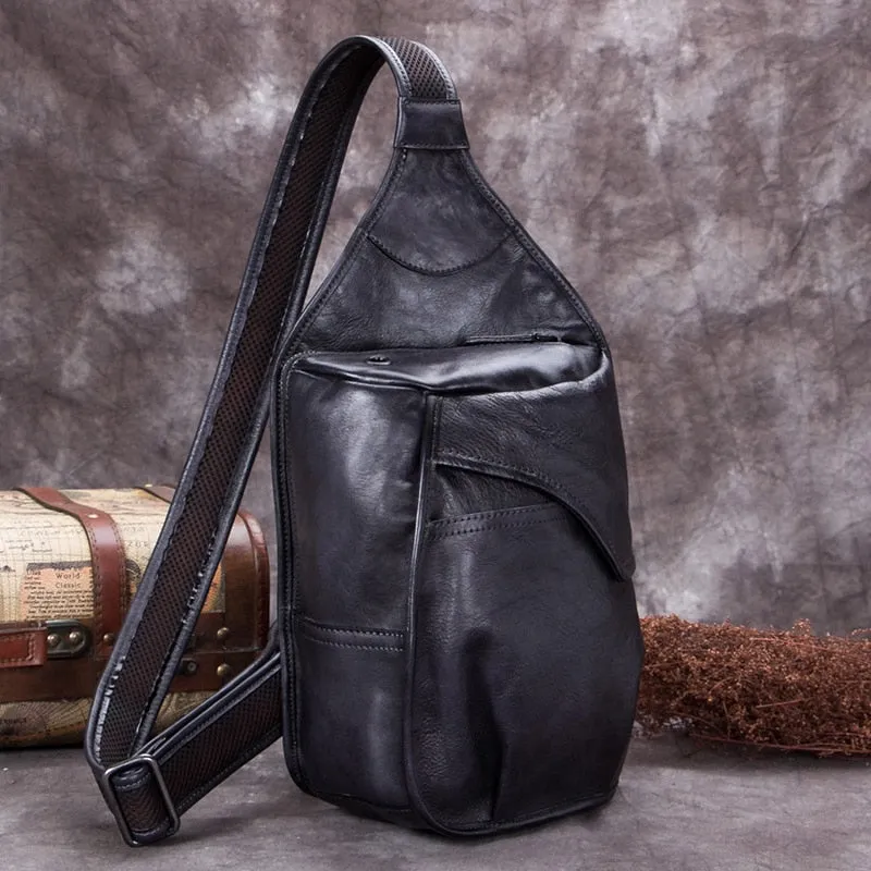 Men's Cowhide Leather Large Capacity Verticle Square Chest Bag