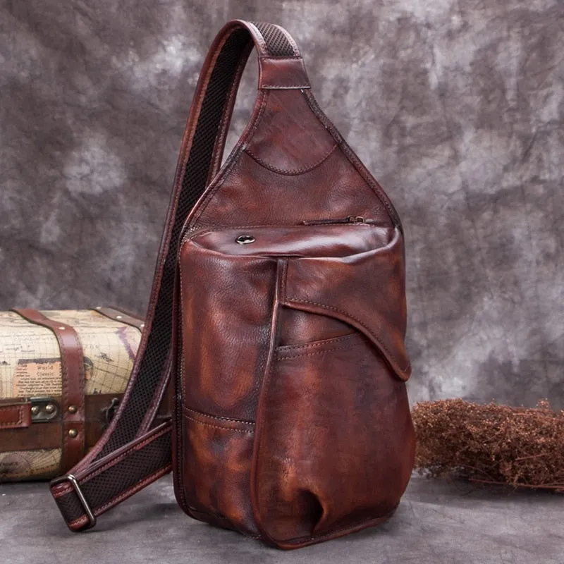 Men's Cowhide Leather Large Capacity Verticle Square Chest Bag