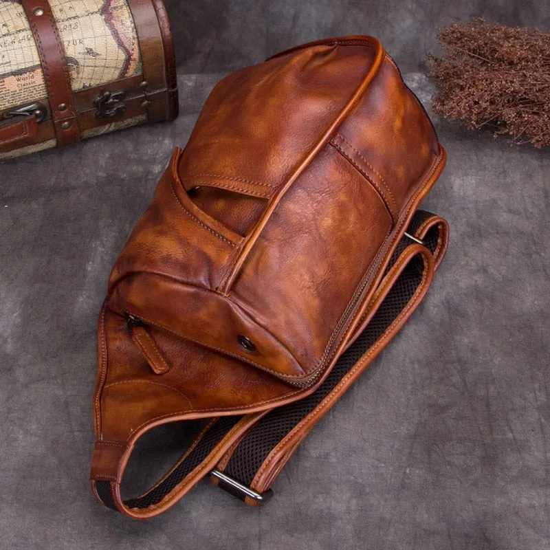 Men's Cowhide Leather Large Capacity Verticle Square Chest Bag