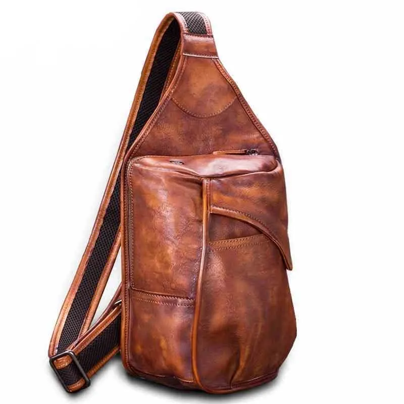 Men's Cowhide Leather Large Capacity Verticle Square Chest Bag