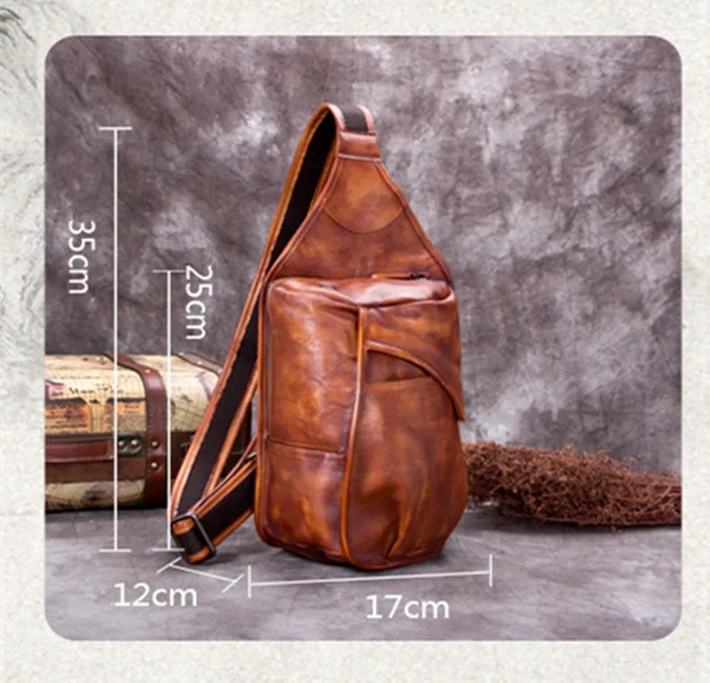 Men's Cowhide Leather Large Capacity Verticle Square Chest Bag