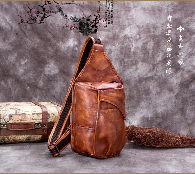 Men's Cowhide Leather Large Capacity Verticle Square Chest Bag