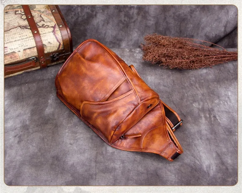 Men's Cowhide Leather Large Capacity Verticle Square Chest Bag