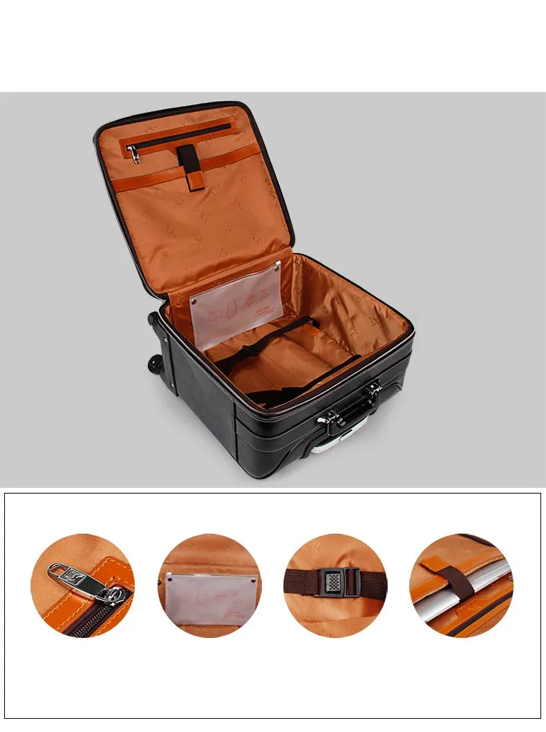 Men's Genuine Leather Travelling Hand Luggage Spinner Wheel Trolley Bag