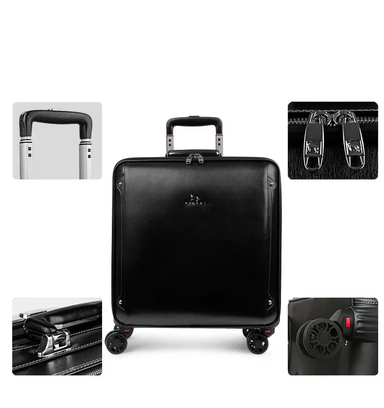 Men's Genuine Leather Travelling Hand Luggage Spinner Wheel Trolley Bag