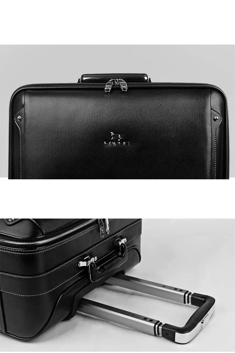 Men's Genuine Leather Travelling Hand Luggage Spinner Wheel Trolley Bag