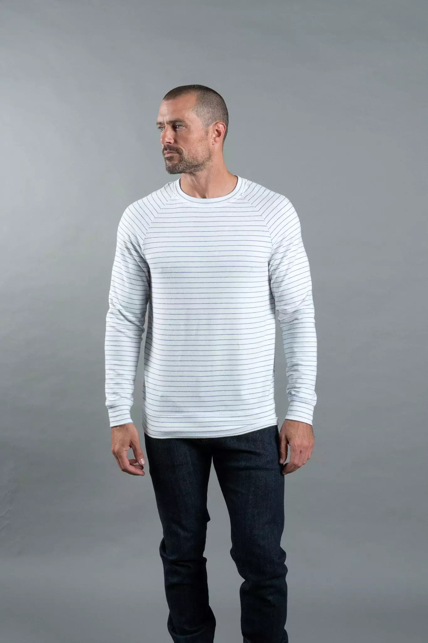 Men's Pullover Sweater - White & Navy Thin Stripe