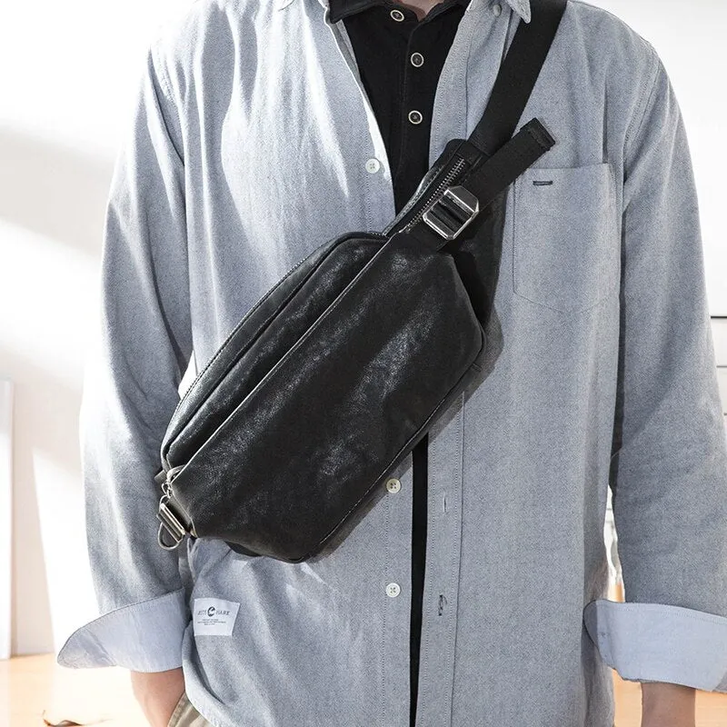 Men's Soft First Layer Leather Small Multi-Function Crossbody Chest Bag