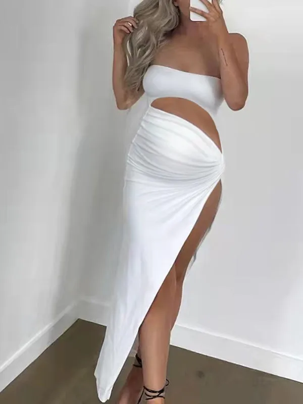 Momnfancy White Irregular Bandeau Cut Out Crop Side Slit Strapless Chic Club Maternity Photoshoot Maxi Dress