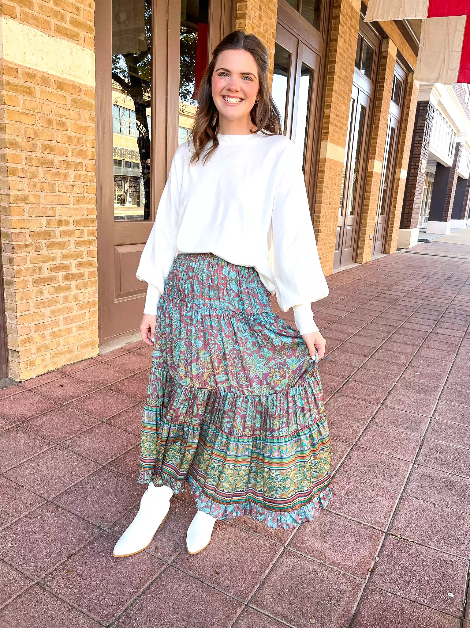 PAISLEY BORDER PRINT LONG TIERED SKIRT