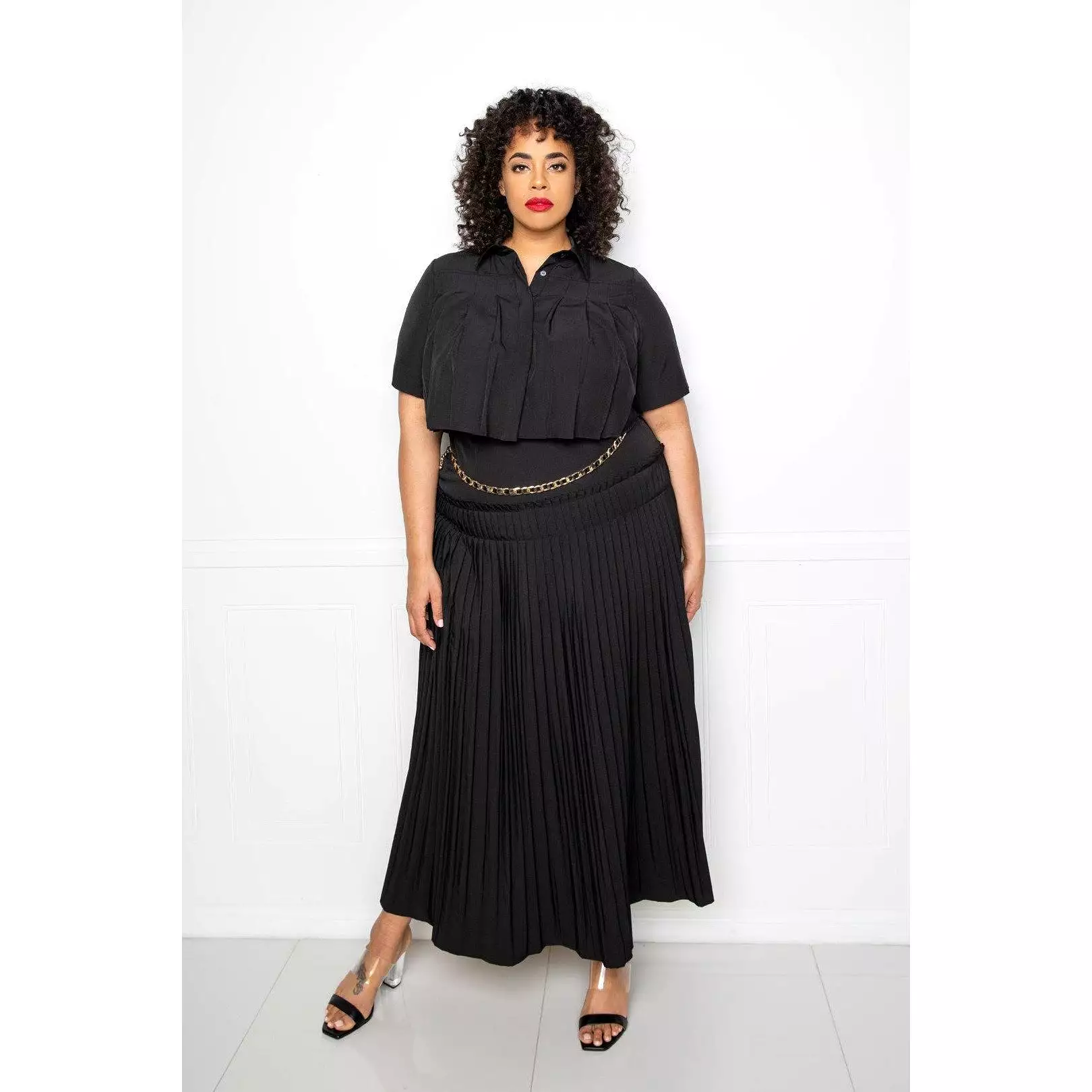 Pleated Cropped Shirt And Maxi Skirt Set