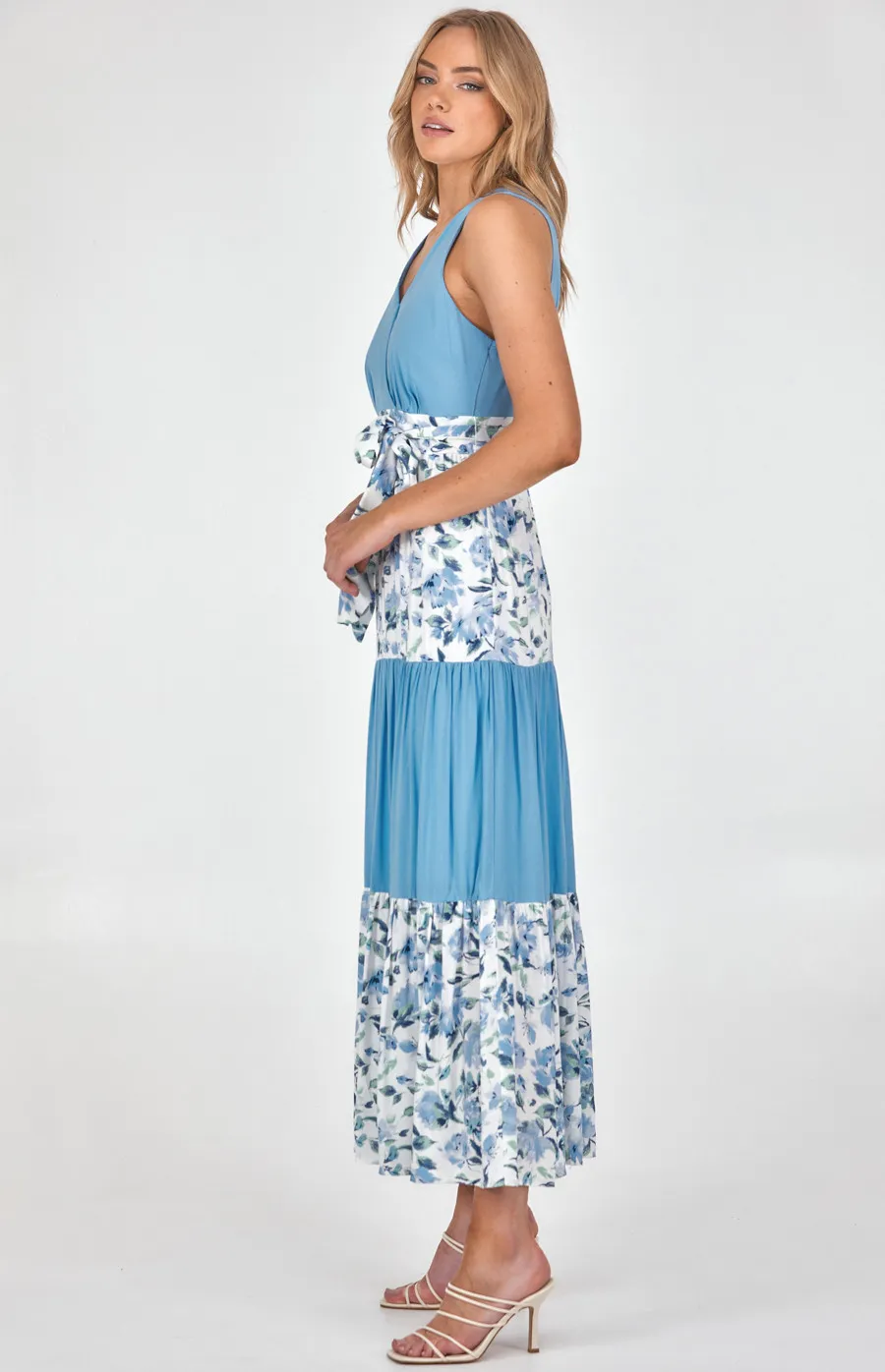 Printed Contrast Panel Tiered Cotton Maxi Dress (ADR1156A)