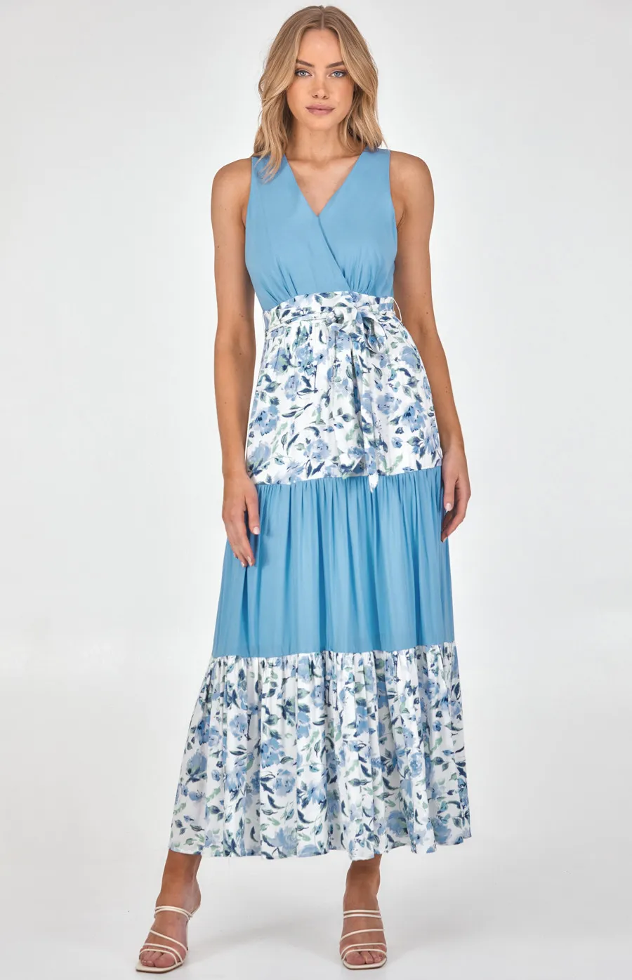 Printed Contrast Panel Tiered Cotton Maxi Dress (ADR1156A)