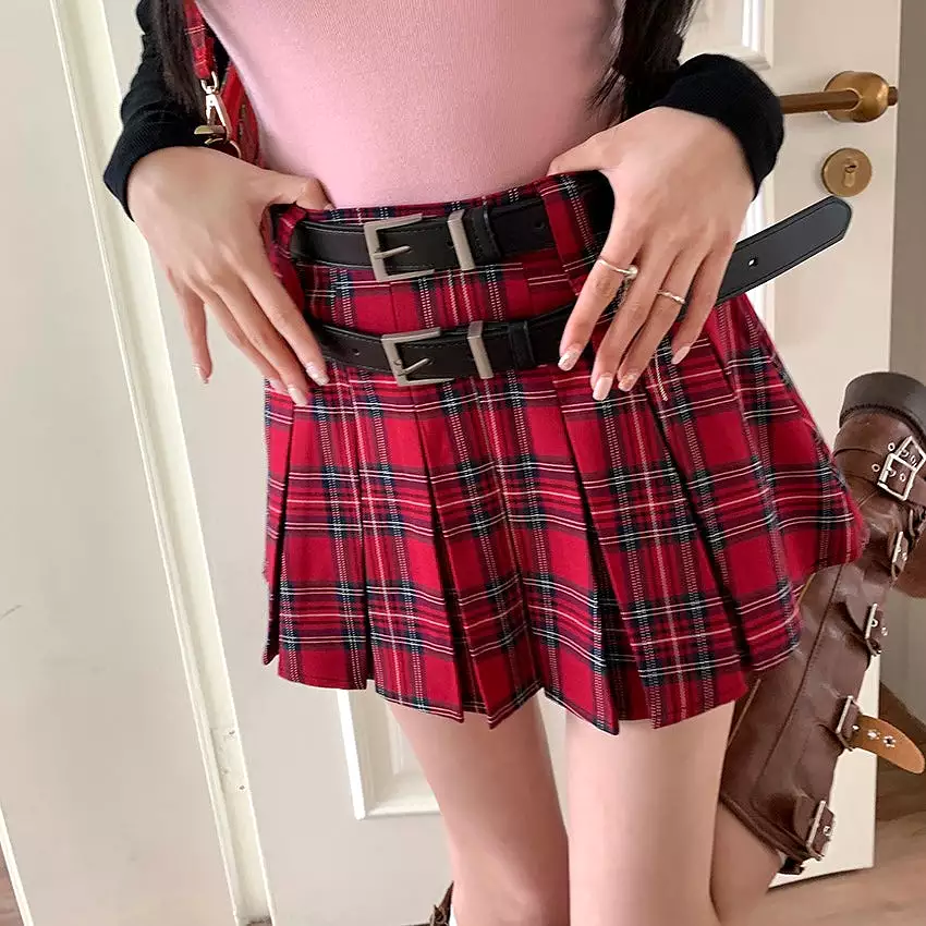 Red Plaid Double Belt Skirt