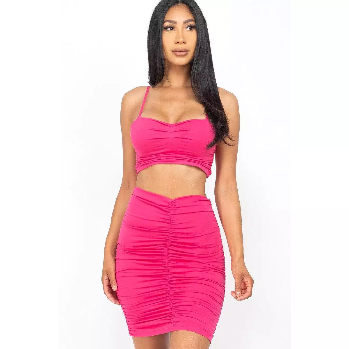 Ruched Crop Top And Skirt Sets