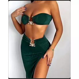 Sexy Side Slit Skirt and Strapless Bra Set