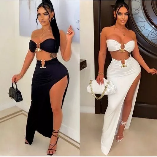 Sexy Side Slit Skirt and Strapless Bra Set