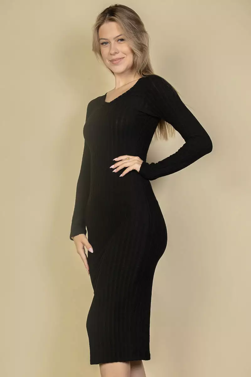 Sweater Knit Fuzzy V-Neck Bodycon Dress