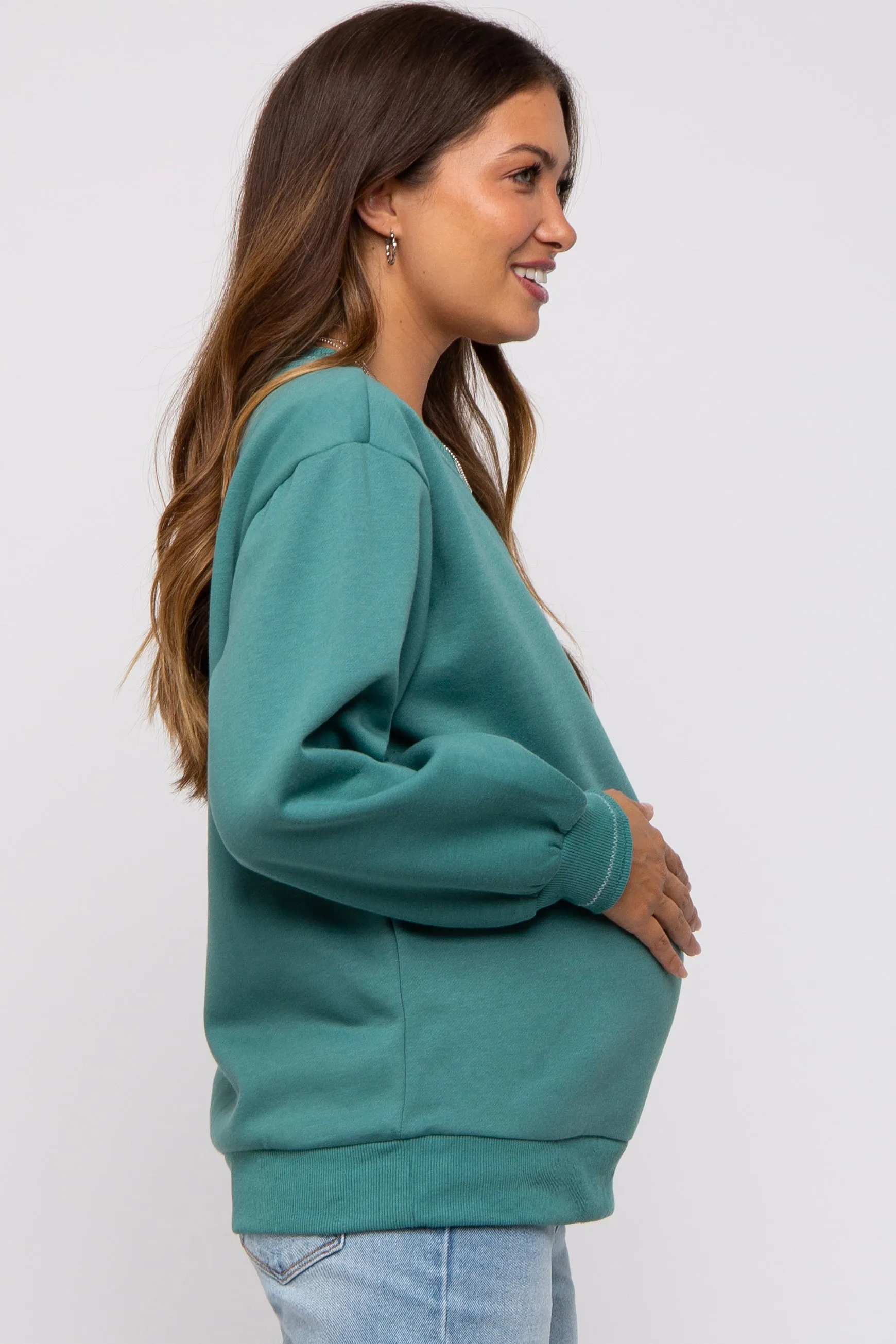 Teal Embroidered Fleece Maternity Sweatshirt