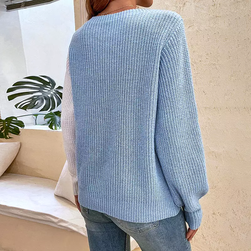 Women Sweaters Kniting Bicolor Love Hearts Lantern Sleeves