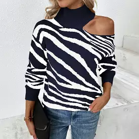 Women Sweaters Kniting High Collar Pullover Bicolor Tiger Printed Off Shoulder