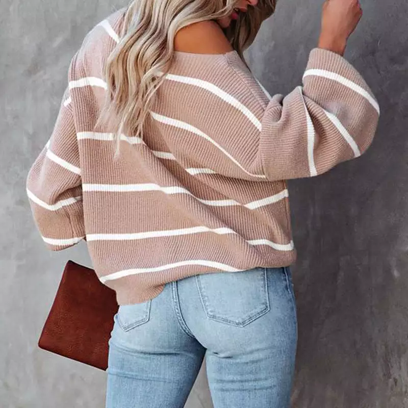 Women Sweaters Kniting Pullover Stripes Off Shoulder Long Sleeve