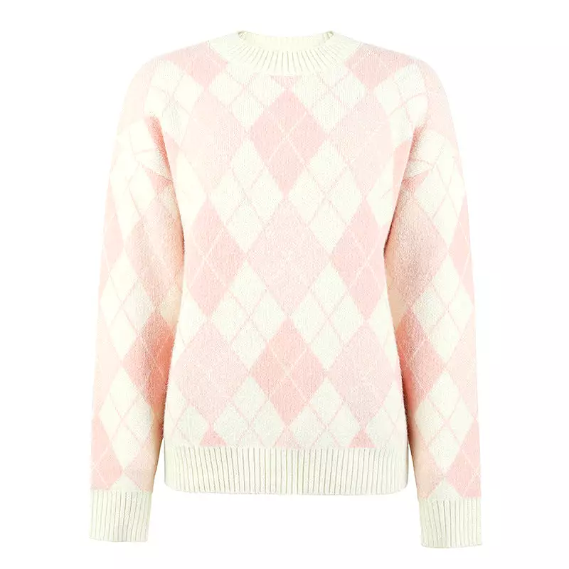 Women Sweaters Kniting Round Collar Pullover Bicolor Lattice