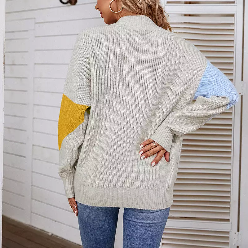 Women Sweaters Kniting Round Collar Pullover Bicolor Stripes