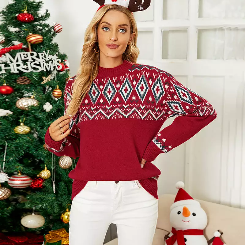 Women Sweaters Kniting Round Collar Pullover Christmas Long Sleeve