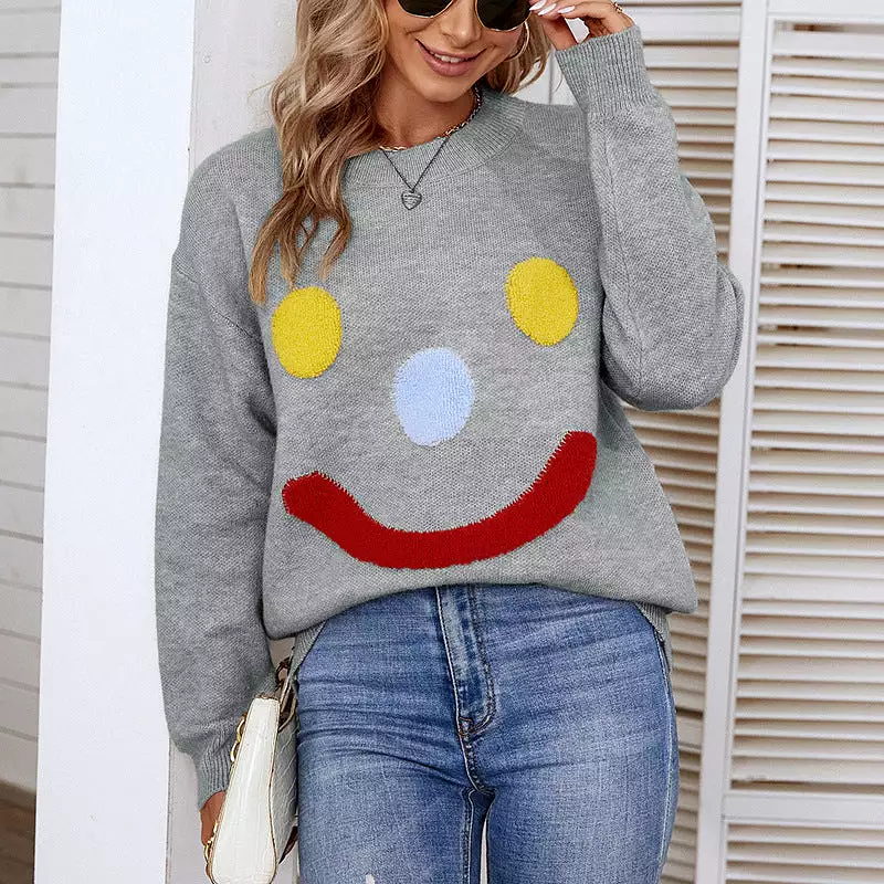 Women Sweaters Kniting Round Collar Pullover Clown Smiling Face Long Sleeve