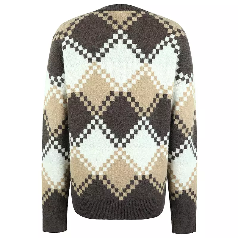 Women Sweaters Kniting Round Collar Pullover Multi-color Blocking Long Sleeve