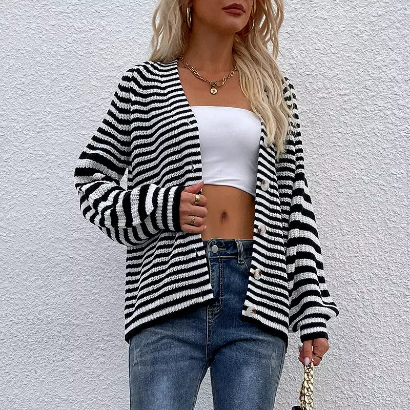 Women's Cardigans Kniting Buttons Bicolor Stripes Long Sleeves