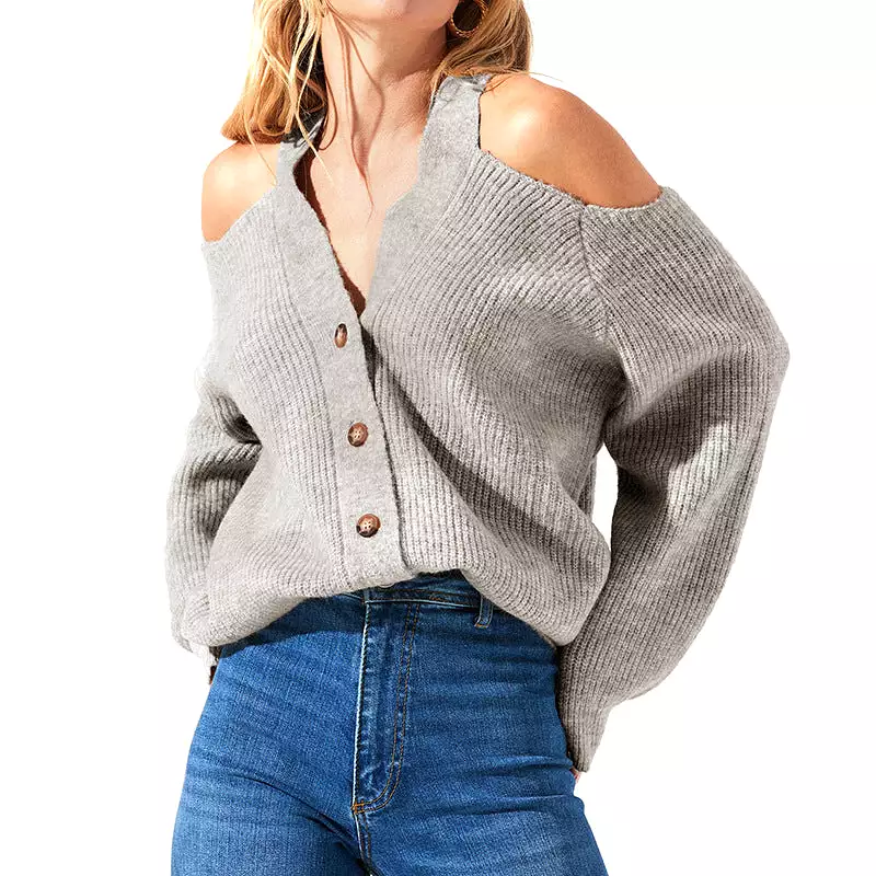 Women's Cardigans Kniting Off Shoulder Buttons Lantern Long Sleeves