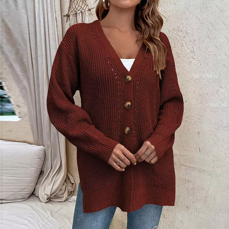 Women's Cardigans Kniting Plain Cuts Buttons Long Sleeves