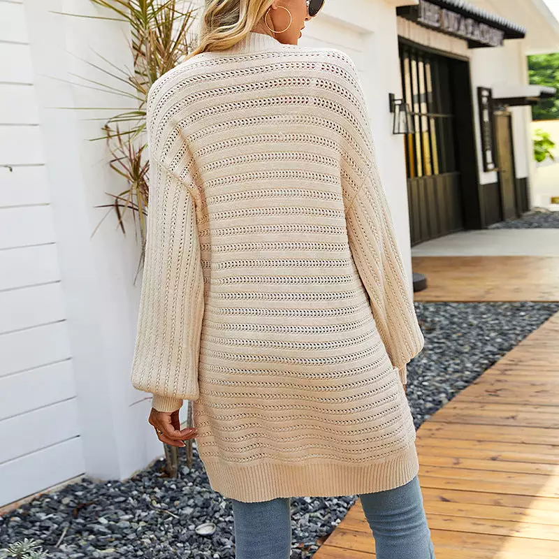 Women's Cardigans Kniting Plain Cuts Pockets Lantern Long Sleeves