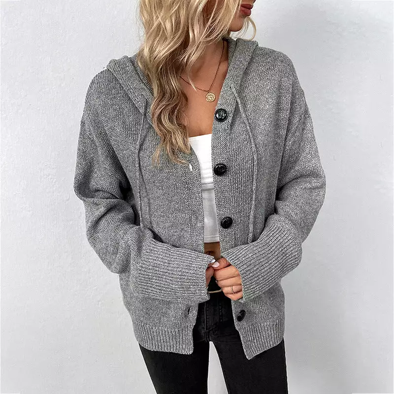 Women's Cardigans Kniting Plain Hoods Buttons Drawstring Long Sleeves