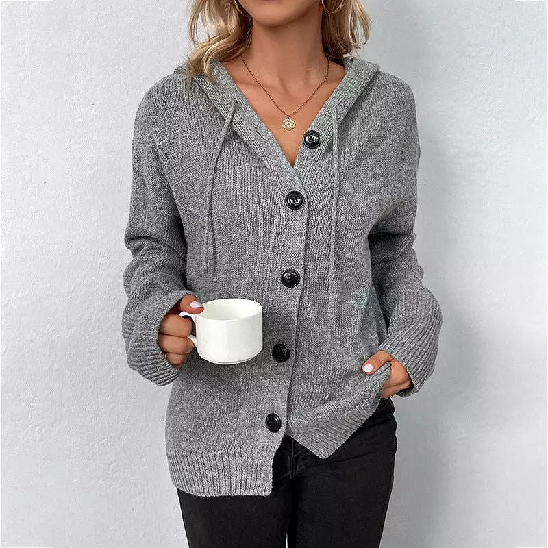 Women's Cardigans Kniting Plain Hoods Buttons Drawstring Long Sleeves