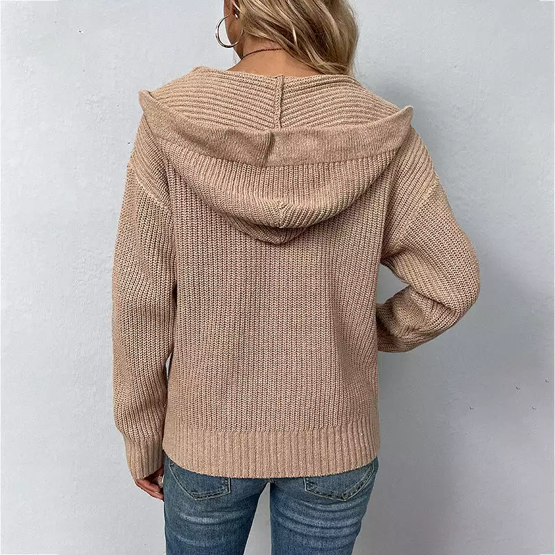 Women's Cardigans Kniting Plain Hoods Zippers Drawstring Pockets