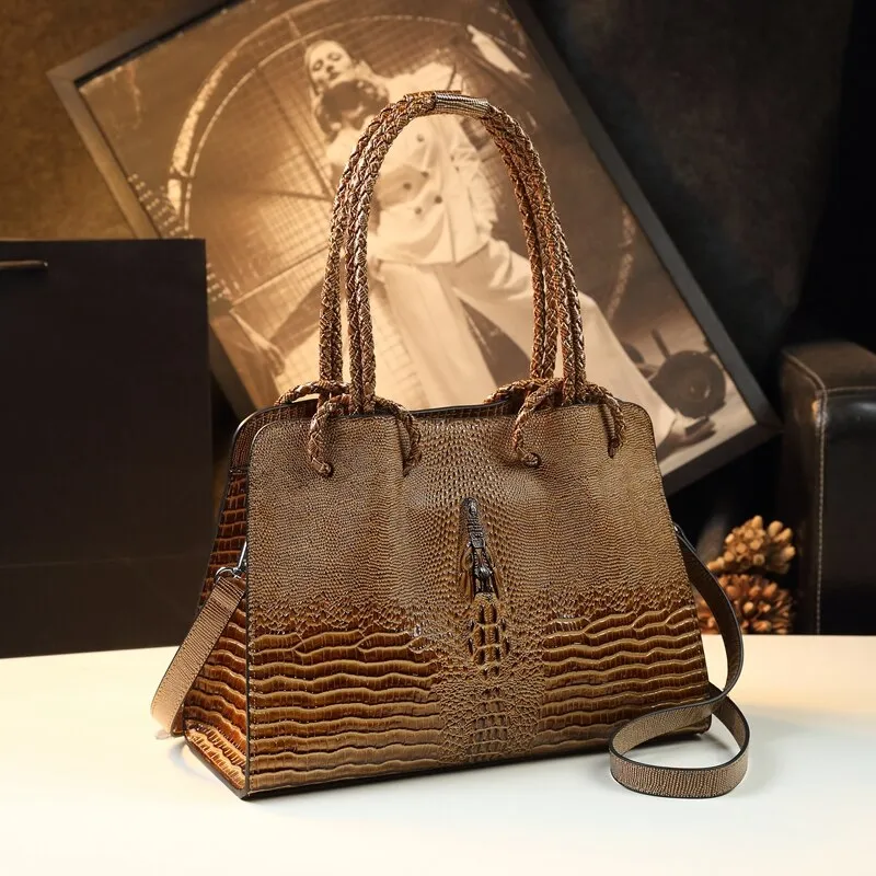 Women's Crocodile Pattern Portable Genuine Leather Shoulder Handbag