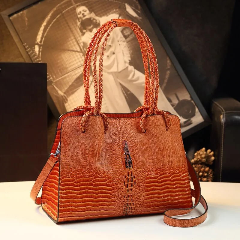 Women's Crocodile Pattern Portable Genuine Leather Shoulder Handbag