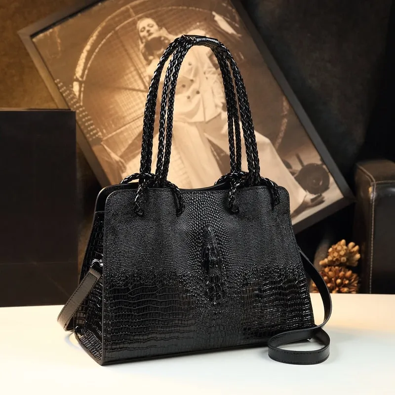 Women's Crocodile Pattern Portable Genuine Leather Shoulder Handbag